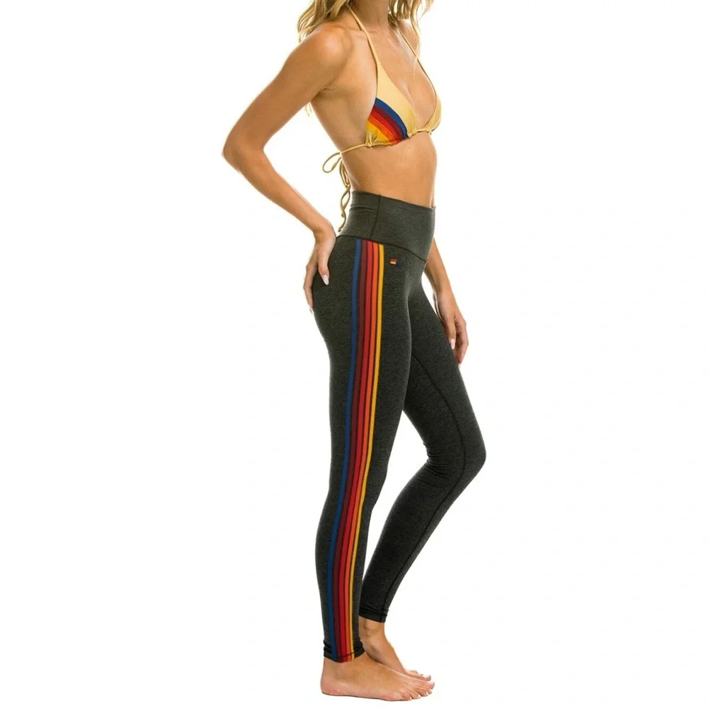 AVIATOR NATION Full Length Hi-Rise 5 Stripe Leggings Charcoal | XS - Picture 3 of 13